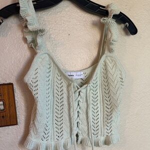 Bershka Mint Crochet Lace-Up Ruffled Cropped Camisole